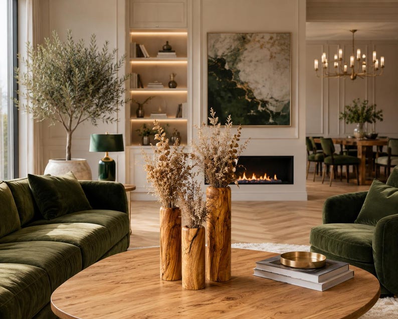May include: A luxurious living room with a green velvet sofa and armchair. A round wooden coffee table holds books and a brass bowl. Three wooden vases with dried flowers sit in the center. A fireplace and artwork are in the background.