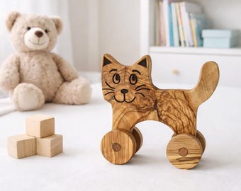 Personalized Olive Wood Cat Toy, Handmade Wooden Toy