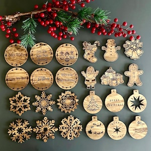 Olive Wood Christmas Ornaments, Wooden Engraved Ornaments Set, Olive Wood Christmas Favors