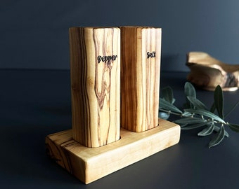 Handmade Olive Wood Salt and Pepper Shaker Set with Stand