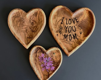Personalized Olive Wood Heart-Shaped Plate Set of 3 - Rustic Decorative Serving Platters | Various Sizes Available