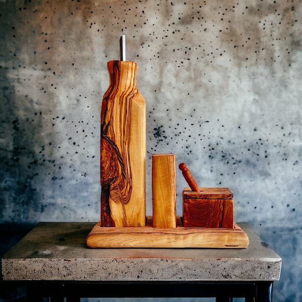 Ensemble de condiments de table à manger en bois d'olivier fabriqué à la main - Ensemble de ménage Hector