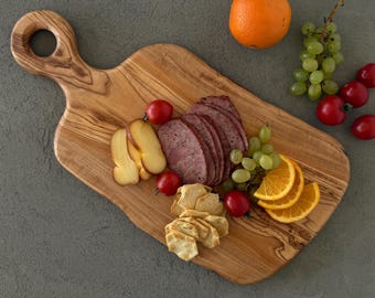 Live Edge Olive Wood Serving Board with Handle | Natural Wooden Charcuterie Board