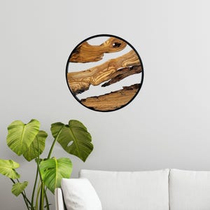 Live Edge Round Metal Framed Wall Decor | Wooden Wall Decor | Olive Wood Wall Art With Metal Frame | 18 inches Wall Decor