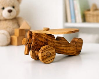 Personalized Olive Wood Toy Airplane, Natural Safe Wooden Toy