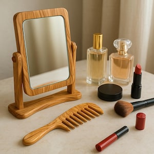 Pode incluir: Um espelho de toucador com moldura de madeira, um pente de madeira, frascos de perfume, um pincel de maquilhagem, batom e gloss estão dispostos numa superfície clara. O espelho é retangular com um suporte giratório.