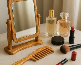 May include: A wooden framed vanity mirror, a wooden comb, perfume bottles, makeup brush, lipstick, and lip gloss are arranged on a light-coloured surface. The mirror is rectangular with a pivoting stand. The comb has wide teeth.