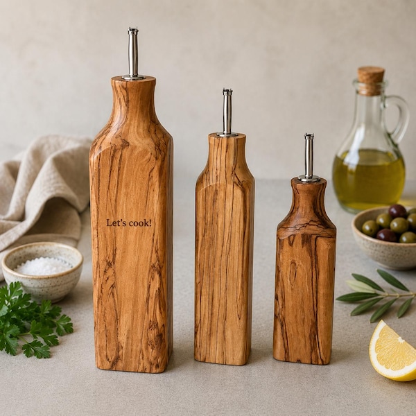 Personalized Olive Wood Oil Bottle | Handmade Olive Wood Oil Dispenser | Gift For The Home | 200 ml,  250 ml, 500 ml Oil Bottle
