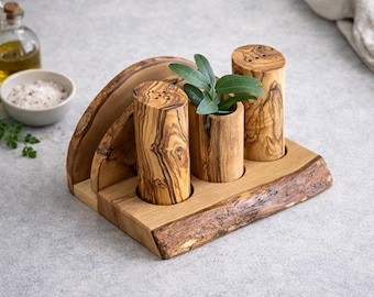 Olive Wood Salt and Pepper Shaker with Napkin Holder | Natural Wooden Table Set