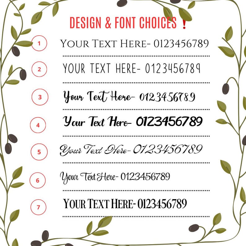 May include: A graphic showing seven different font styles and text sizes for a design project. The text reads "DESIGN & FONT CHOICES!" and includes the phrase "YOUR TEXT HERE" followed by a phone number.