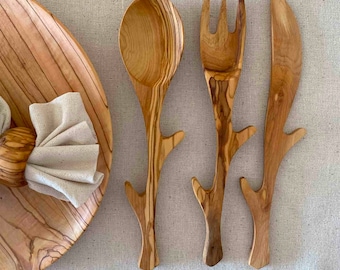 Handmade Olive Wood Cutlery Set, Stylized Spoon, Fork and Knife