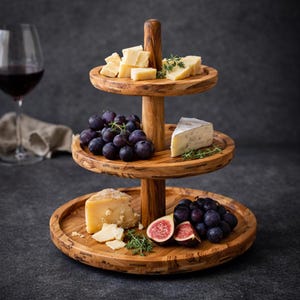 May include: A three-tiered wooden serving tray filled with cheese, grapes, and figs. The tray is made of light brown wood and has a central handle. The top tier holds cheese, the middle tier has grapes, and the bottom tier has cheese, grapes, and figs.