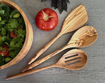 Olive Wood Organic Cutlery, Olive Wood Salad Serving Spoon Set