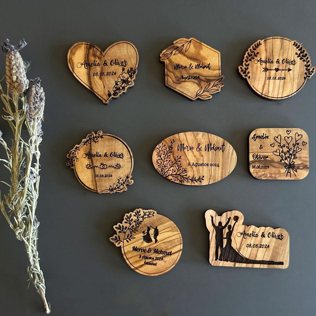 Personalized Olive Wood Wedding Magnet Favors Bulk Engraved Keepsakes 