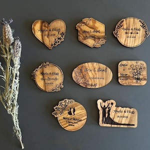 Personalized Olive Wood Wedding Magnet Favors, Bulk Engraved Keepsakes