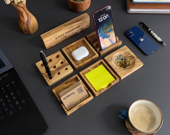 Handmade Olive Wood Desktop Set  - Personalized 7-piece desktop set  -Valentine's Day Gift For Him