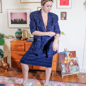 Vintage Skirt Suit / Windowpane Blazer / Skirt Suit / Suit Set / Vintage Suit / Navy Suit / Blue Suit / Checkered Suit / 90s Suit / 80s suit