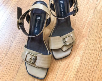 Vintage Buckle Sandals / Vintage Etienne Aiger Heels / Vintage Block Heels / Vintage Beige Heel Sandals / Vintage Buckle Heels / Beige Sanda