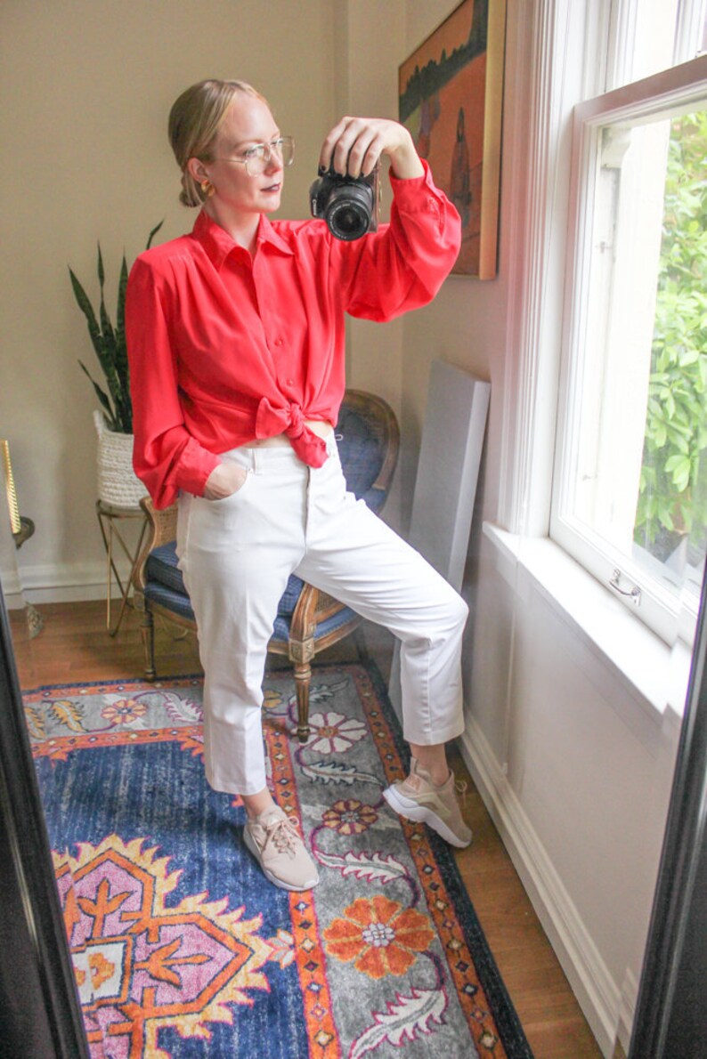 Vintage Red Silky Top Vintage Red Blouse Vintage Red Collared Button Down Vintage Red Silk Vintage Big Sleeves Vintage Puffy Sleeves