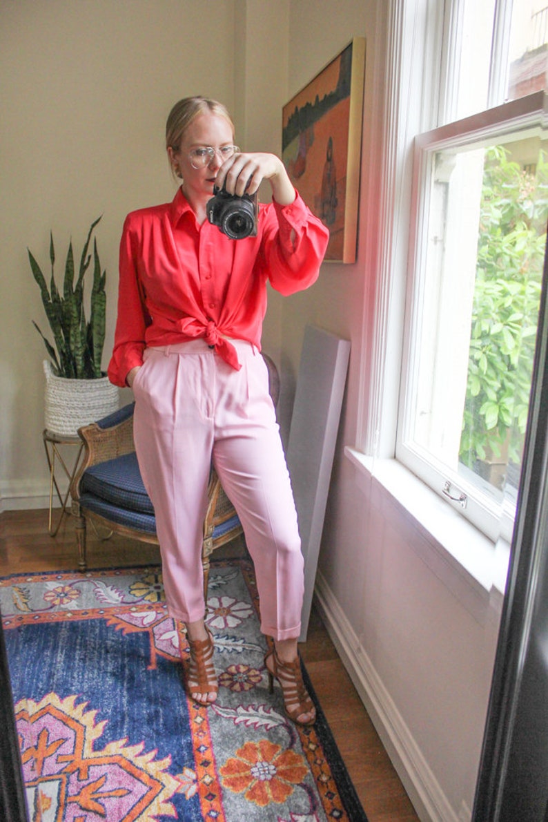 Vintage Red Silky Top Vintage Red Blouse Vintage Red Collared Button Down Vintage Red Silk Vintage Big Sleeves Vintage Puffy Sleeves