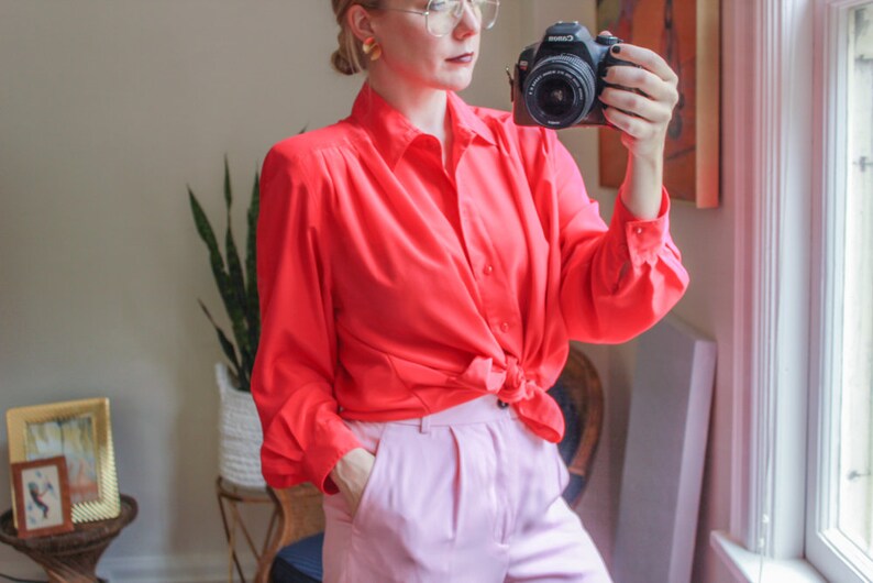 Vintage Red Silky Top Vintage Red Blouse Vintage Red Collared Button Down Vintage Red Silk Vintage Big Sleeves Vintage Puffy Sleeves