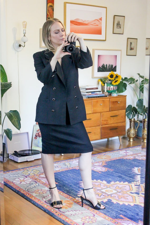 Vintage Black Wool Skirt Suit / Black Wool Blazer… - image 2