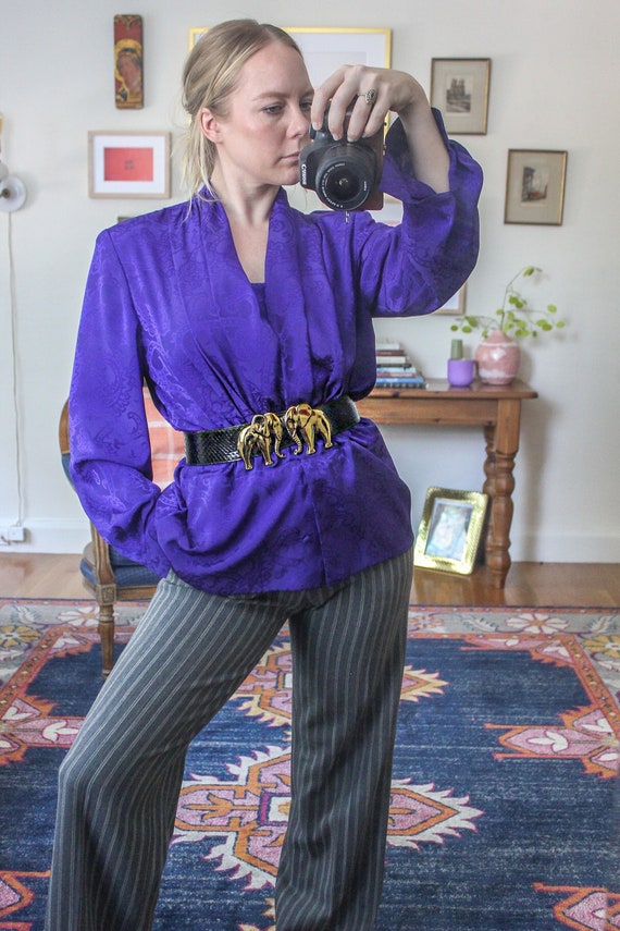 Vintage Blue Violet Paisley Silky Long Sleeve Top 