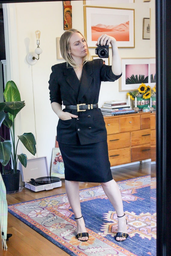 Vintage Black Wool Skirt Suit / Black Wool Blazer 