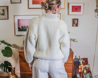Fuzzy White Sweater / White Fuzzy Sweater / 80's White Sweater / Cozy Sweater / Warm Sweater / Statement Sweater / Shoulder Pads / Dramatic