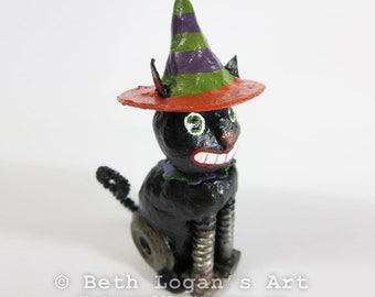Happy Grinning Black Halloween Cat 1 - Mixed Media Clay & Hardware Sculpture