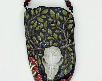 Magical Deer Skull Painting on Driftwood