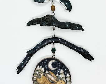 Winter Rabbit Painting on Natural Wood Slice & Driftwood