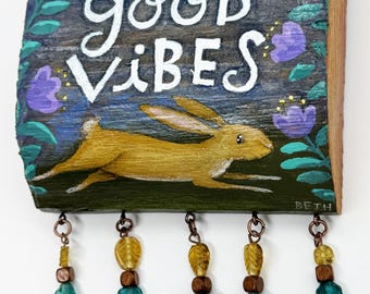 Only Good Vibes - Rabbit Painting on Scrap Wood with Glass Beads