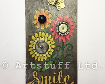 Smile - Happy Little Flowers & Butterfly - Hand Painted Mixed Media Assemblage on Reclaimed Wood with Salvaged Antique Hardware