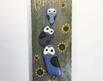 Friends Lift You Up - Hand Painted Mixed Media Assemblage on Reclaimed Wood with Driftwood Owls