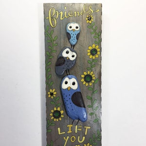 Friends Lift You Up - Hand Painted Mixed Media Assemblage on Reclaimed Wood with Driftwood Owls