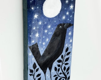 Small 3D Crow Painting on Scrap Wood
