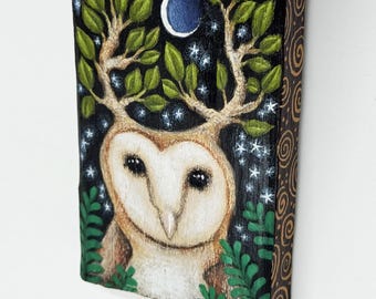 Magical Owl & Moon Scrap-Wood Painting
