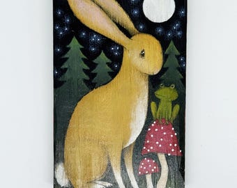 Bunny & Frog Under the Full Moon - Original Painting on Scrap Wood