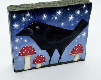 Tiny 3D Crow Painting on Scrap Wood
