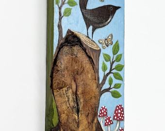 Bird on a Stump - Original Painting on Scrap Wood