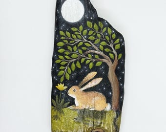 Rabbit in the Moonlight - Painting on Driftwood