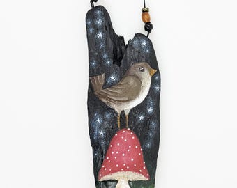 Bird & Mushroom 3D Painting on Driftwood