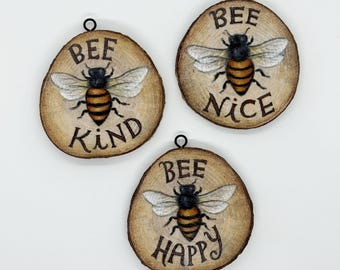 Little Bee Painting on a Natural Wood Round