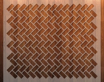 Könnte beinhalten: Eine Schablone mit einem Ziegelmuster, mit einem weißen Umriss auf einem braunen Holzhintergrund. Die Schablone ist zum Erstellen eines Ziegelmusters an einer Wand oder einer anderen Oberfläche.