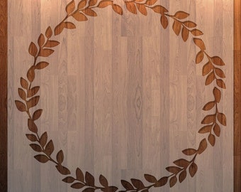 May include: A woodgrain background with a brown leafy wreath cutout. The wreath is centred on the background and has a rustic feel.