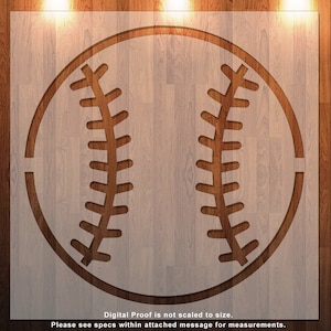 May include: A wood-grain background with a white outline of a baseball. The baseball has a stitched pattern.