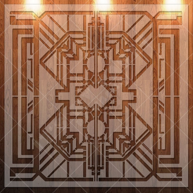 May include: A geometric design carved into a wooden surface. The design is symmetrical and features a series of lines and shapes that create a complex pattern.