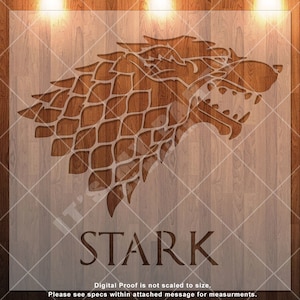 May include: A brown wooden sign with a black silhouette of a direwolf head with a textured fur pattern. The text "STARK" is printed below the direwolf.