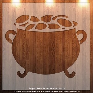 May include: A white silhouette of a pot filled with gold coins. The pot has a handle and three legs. The image is on a woodgrain background.